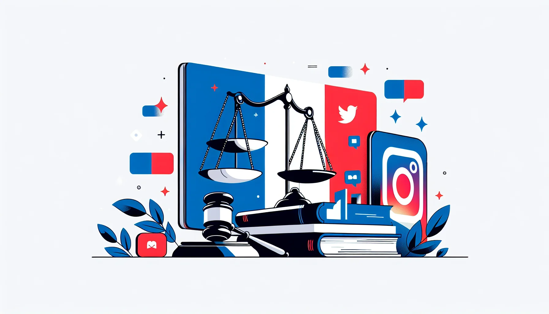 Balance de la justice avec un smartphone affichant Instagram, symbolisant la légalité de l'achat de followers en France